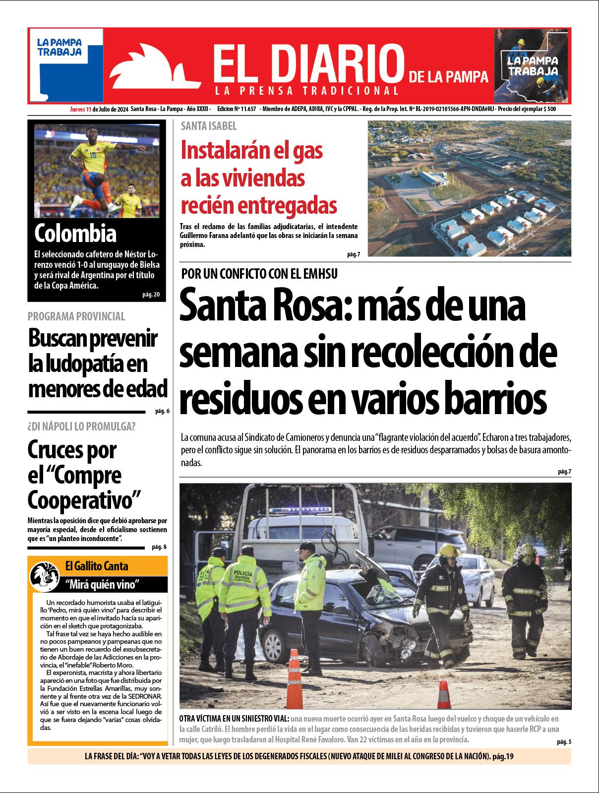 Tapa de El Diario en papel  jueves 11 de julio de 2024